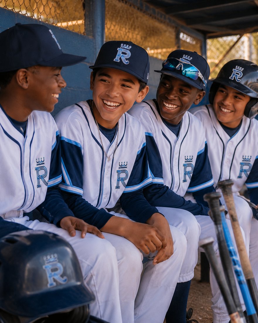 Teammates smiling together in the dugout