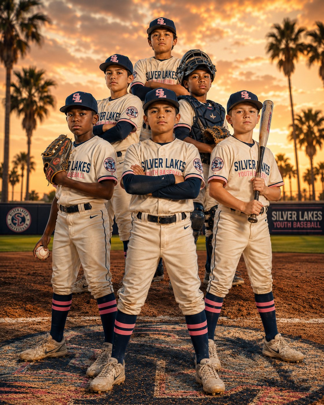 Royal Kings Baseball players celebrating on the field at sunset