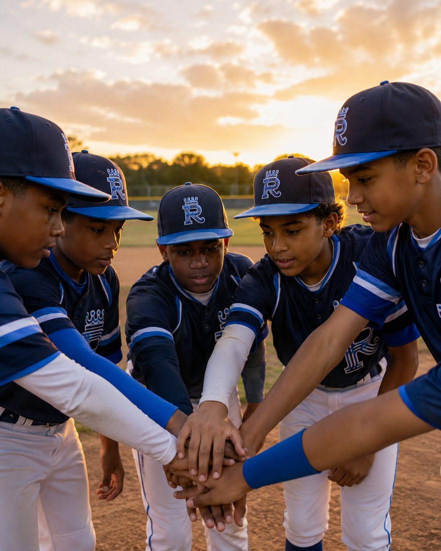 Royal Kings team and coach in a hands-in huddle at sunset