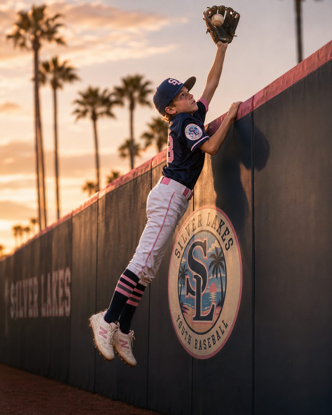 Royal Kings travel ball outfielder catching a fly ball at sunset