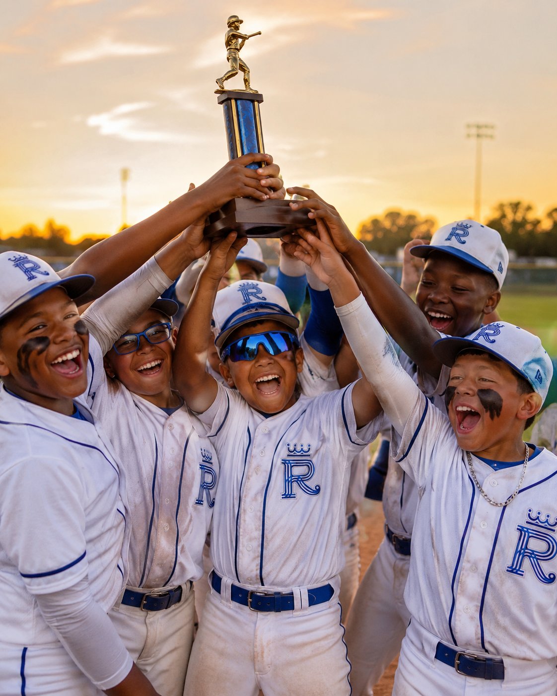 Royal Kings team hoisting a championship trophy at sunset